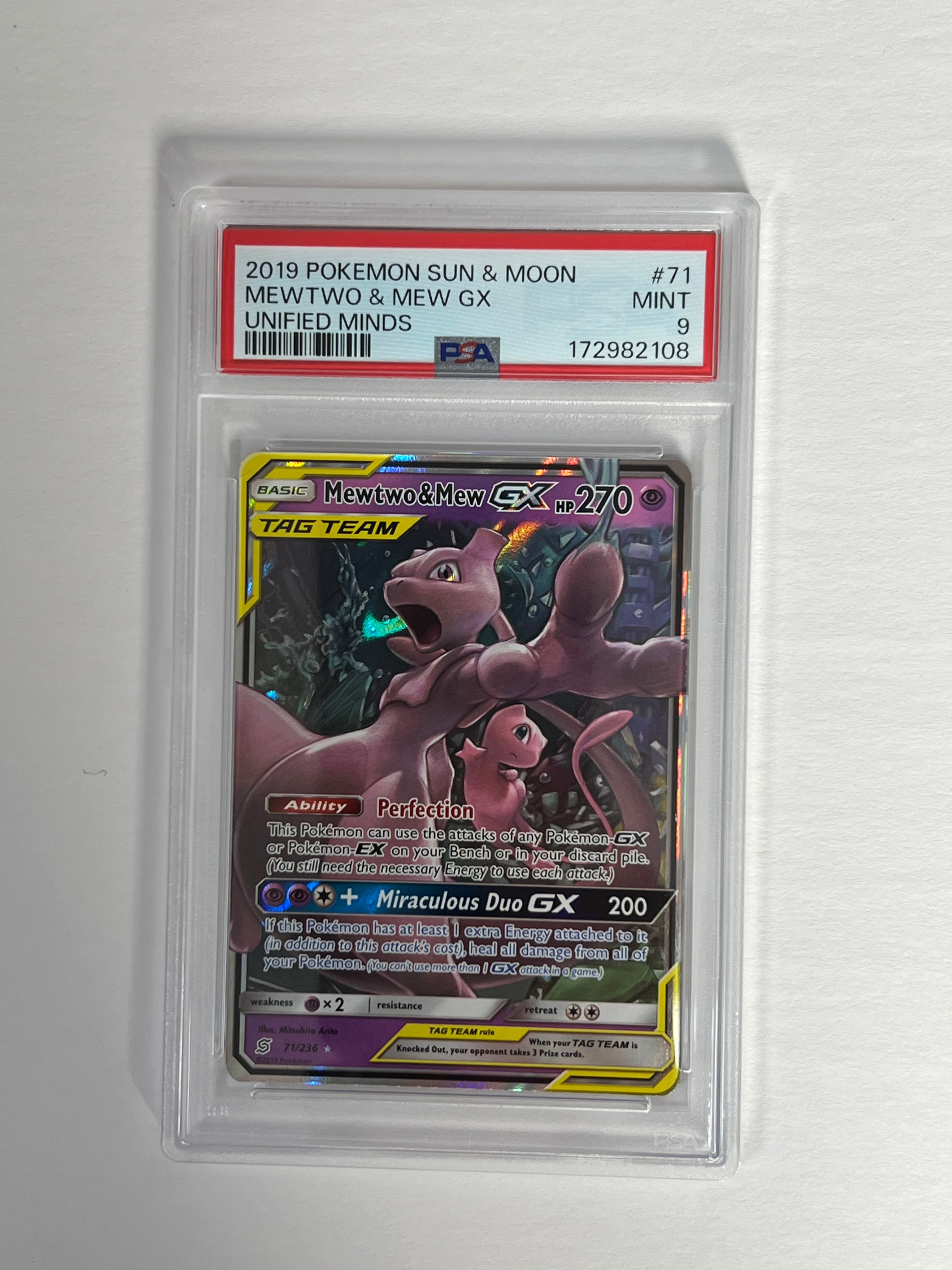 PSA 9 Unified Minds Mewtwo & Mew GX 71/236