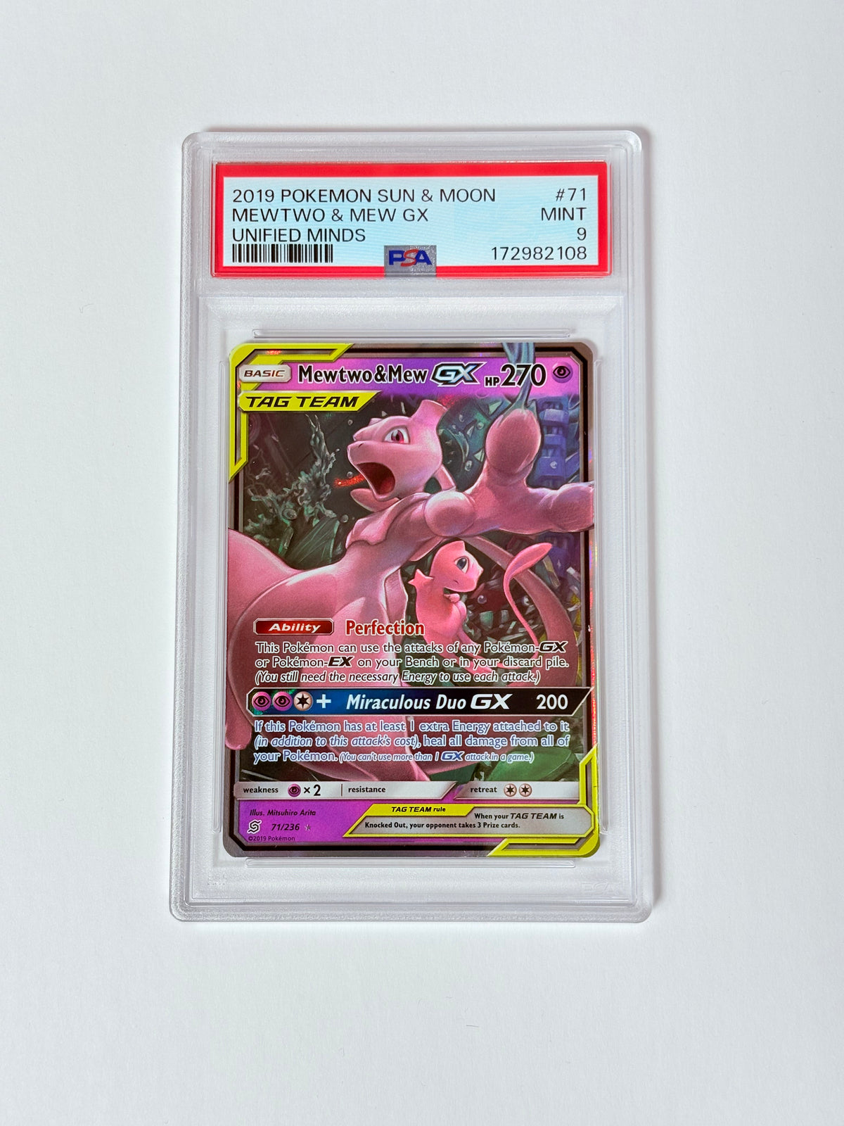 PSA 9 Unified Minds Mewtwo & Mew GX 71/236