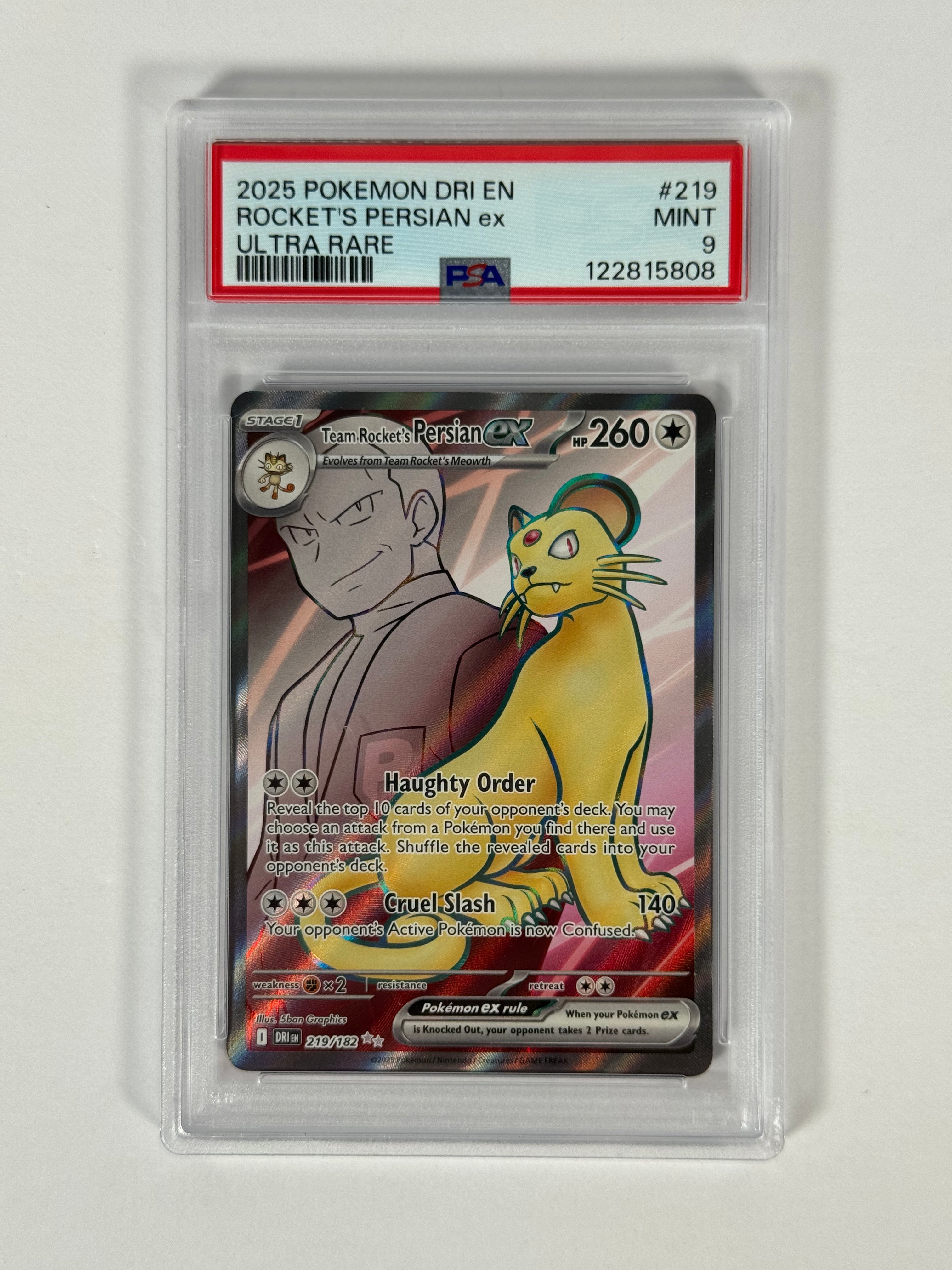 PSA 9 Destined Rivals Team Rocket's Persian ex Full Art 219/182