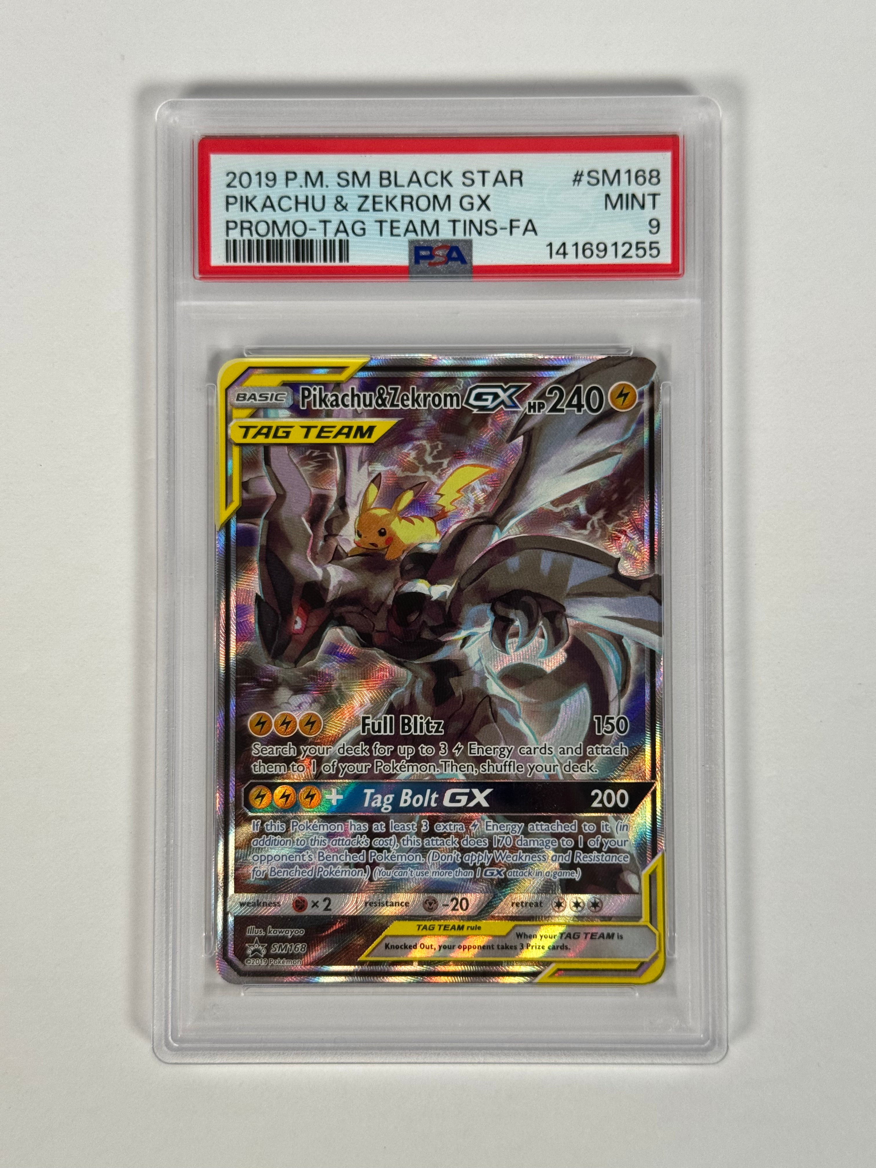 PSA 9 Black Star Promo Pikachu & Zekrom GX Tag Team SM168